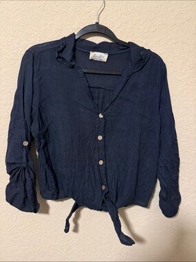 Puro Lino  Navy Button-Front Tie-Hem Women's Shirt